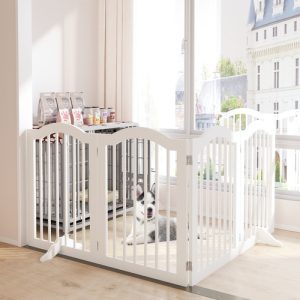 27.6" Tall Freestanding Wooden Pet Gate – Foldable 4-Panel Dog Safety