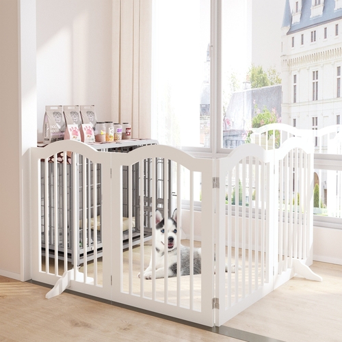 27.6" Tall Freestanding Wooden Pet Gate – Foldable 4-Panel Dog Safety